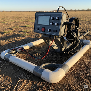 高性能金属探知機で財宝を探す様子