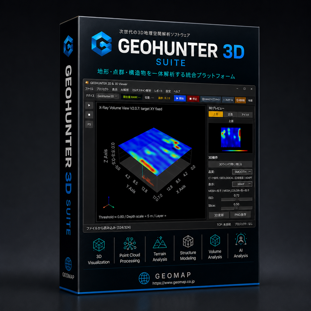 GeoHunter3D Suiteのパッケージと解析画面