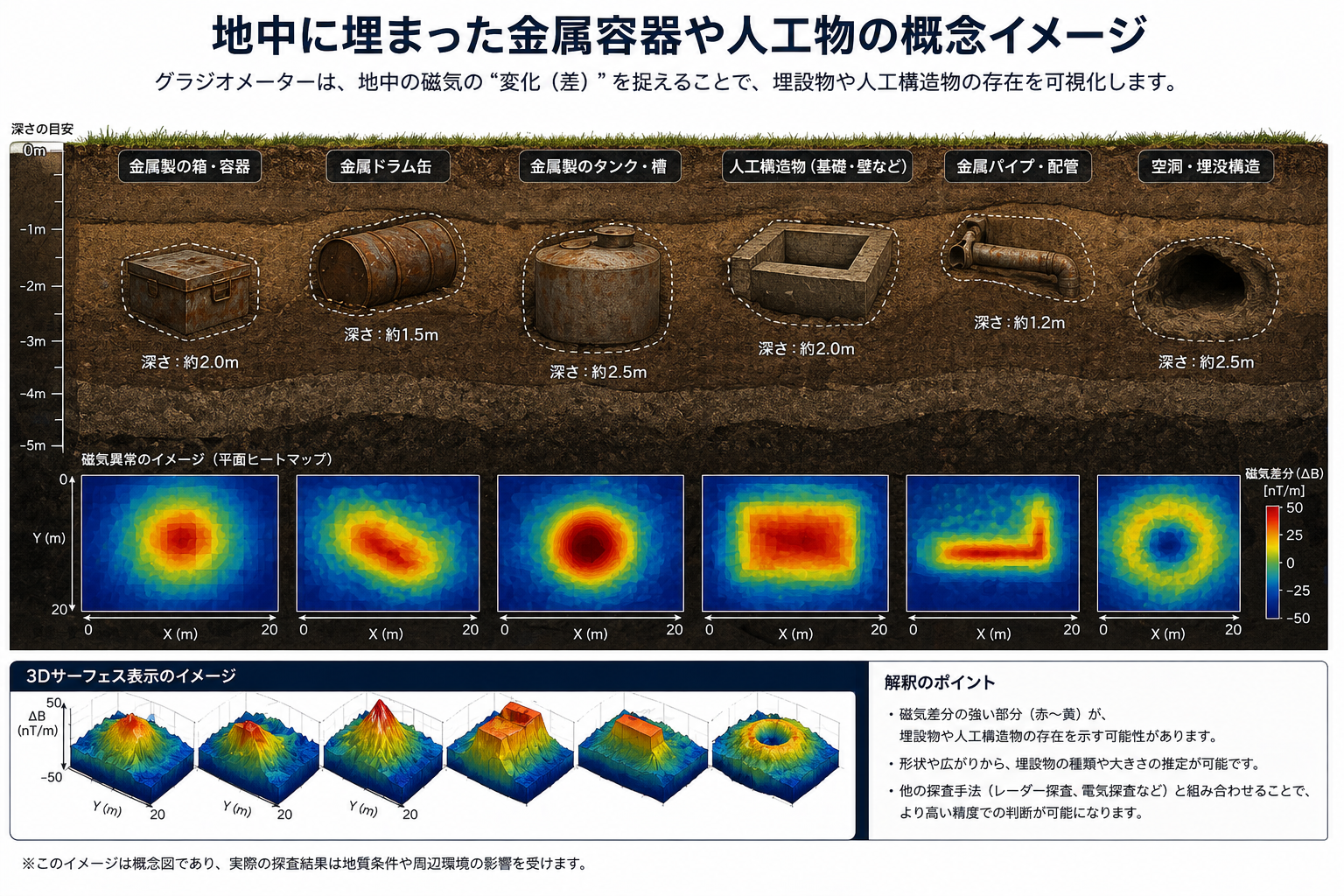 地中に埋まった金属容器や人工物の概念画像